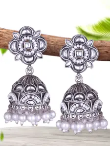 DIVASTRI Silver-Plated Artificial Stones Studded And Beaded Dome Shaped Oxidised Jhumkas