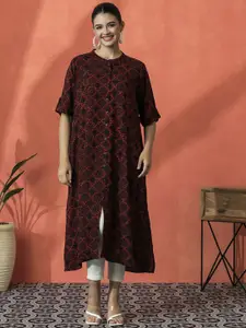 Sangria Floral Printed Mandarin Collar Three-Quarter Sleeves Panelled A-Line Kurta