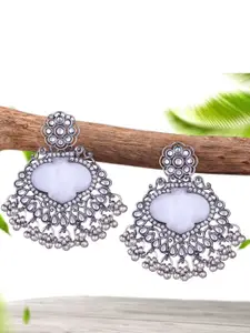 DIVASTRI Silver-Plated Pearls Beaded & Kundan Studded Contemporary Oxidised Drop Earrings