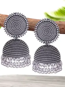 DIVASTRI Silver-Plated Artificial Stones Studded And Beaded Dome Shaped Oxidised Jhumkas