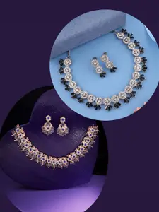 DIVASTRI Set Of 2 Gold & Silver Plated Artificial Stones Studded Necklace With Earrings