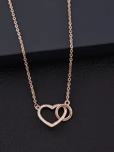 SOLIBELLE Rose Gold-Plated Artificial Stones-Studded Heart Shaped Pendants With Chains