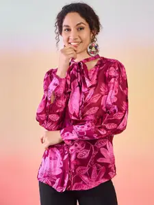 Sangria Floral Printed Tie-Up Neck Cuffed Sleeves Shirt Style Top