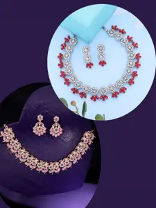 DIVASTRI Set Of 2 Silver & Rose Gold Plated American Diamond Necklace With Earring