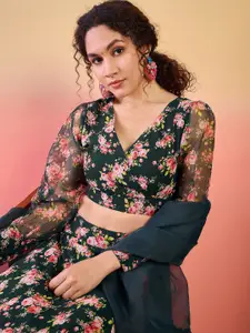 Sangria Floral Printed V-Neck Ready to Wear Lehenga With Blouse And Dupatta