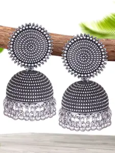 DIVASTRI Silver-Plated Pearl Beaded Dome Shaped Oxidised Jhumkas
