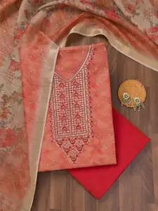 Koskii Ethnic Motifs Embroidered Sequinned Raw Silk Unstitched Dress Material
