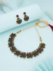 Anouk Gold-Plated Artificial Stones-Studded Floral  Shaped Necklace With Earrings