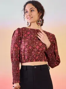 Sangria Floral Printed Cotton Puff Sleeves Crop Top