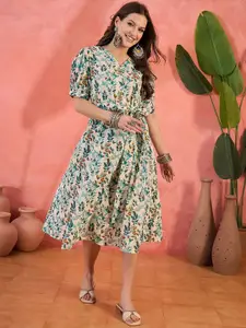 Sangria Floral Printed V-Neck Puff Sleeves Pure Cotton A-Line Ethnic Dress