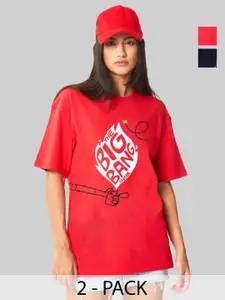 Leotude Women Pack Of 2 Typography Printed Round Neck Cotton Oversized T-shirts