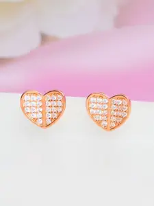 Zavya 925 Sterling Silver Rose Gold-Plated Cubic Zirconia Studded Heart Shaped Studs