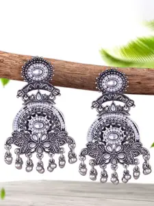 DIVASTRI Silver-Plated Pearls Beaded & Kundan Studded Contemporary Oxidised Drop Earrings
