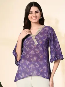 KALINI Floral Print Bell Sleeve Georgette Top