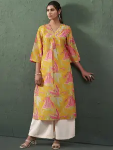 Anouk Floral Printed Beads and Stones Pleated Cotton Straight Kurta