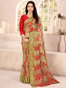 Mitera Floral Printed Woven Chiffon Saree With Unstitched Blouse Piece