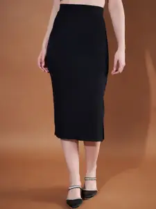 Purple Feather Ribbed Stretchable Side Slit Midi Skirt