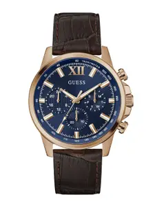 GUESS Men Round Dial & Leather Textured Straps Stainless Steel Analogue Watch GW0901G3