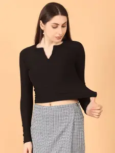 SIGHTBOMB Women Solid Round Neck Long Sleeves Fitted Top