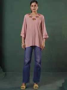 Anouk Floral Embroidered V-Neck Flared Sleeves Liva Kurti