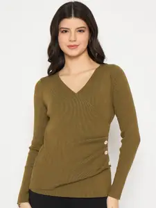 Madame Women V-Neck Ribbed Pullover