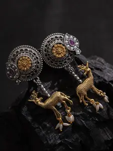 PANASH Silver-Plated Artificial Beaded Animal Shaped Oxidised Drop Earrings