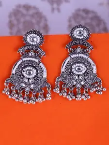 MEENAZ Silver-Plated Oxidised Stone Studded & Beaded Contemporary Shaped Drop Earrings
