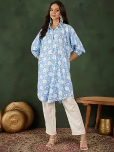 Sangria Floral Printed Shirt Collar Puff Sleeves Oversized Straight Kurta