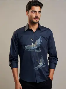 HE SPOKE Printed Satin Stretch Casual Shirt