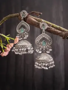 PANASH Silver-Plated Artifical Stones Studded & Beaded Dome Shaped Oxidised Drop Earrings