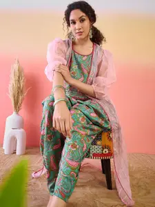 Sangria Floral Printed Pure Cotton Top And Dhoti Pant With Jacket