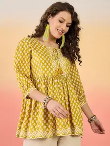 Sangria Ethnic Motifs Printed Round Neck Tie-Ups Detail Peplum Top