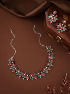 Anouk Silver-Plated Artificial Stones Studded And Beaded Necklace And Earrings