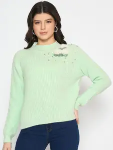 Madame Women Ribbed Pullover with Embellished Detail