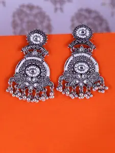 DIVASTRI Silver-Plated Kundan Studded & Pearls Beaded Contemporary Shaped Drop Earrings