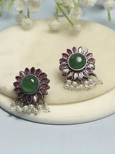 Biba Silver-Plated Artificial Stones Studded and Beaded Floral Shaped Studs
