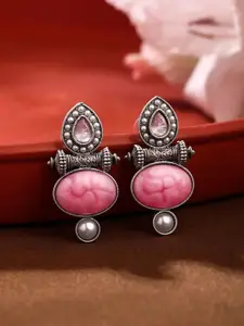 Yellow Chimes Silver-Plated Oxidised Oval Drop Earrings