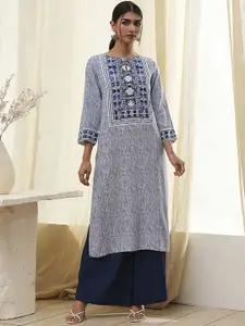 Biba Thread Work Embroidered Round Neck Straight Kurta