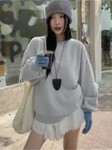 SXV STYLE Women Ribbon Sleeve Detail Oversized Pullover Sweatshirt