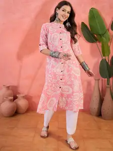 Sangria Paisley Printed Mandarin Collar Pure Cotton A-Line Kurta