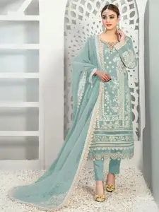 ODETTE Floral Embroidered Thread Work Organza Semi-Stitched Dress Material