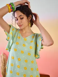 Sangria Floral Printed Flutter Sleeves Cotton A-Line Dress