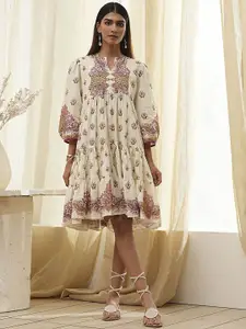 Biba Floral Printed Mandarian Collar Pure Cotton Anarkali Ethnic Dress