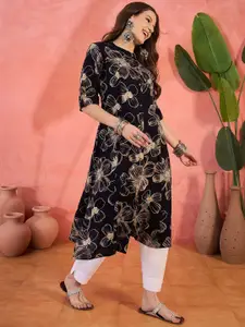 Sangria Floral Printed Mandarin Collar A-Line Kurta