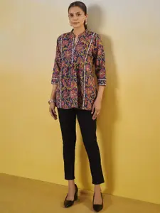 Anouk Floral Printed Pleated Mandarin Collar Pure Cotton A-Line Kurti