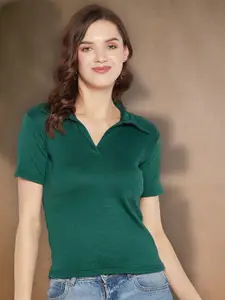 all about you Women Ribbed Shirt Collar Fitted Top