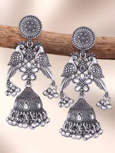 MEENAZ Silver-Plated Oxidised Artificial Stone Studded Dome Shaped Jhumkas