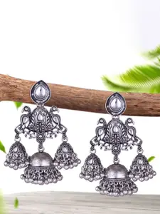 DIVASTRI Silver-Plated Kundan Studded & Pearls Beaded Peacock Shaped Jhumkas