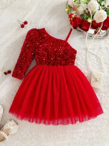 BAESD Girl Sequined Embellished One Shoulder Tulle Fit & Flare Dress