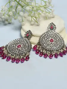 Biba Gold-Plated Artificial Stones Studded and Beaded Contemporary Shaped Drop Earrings
